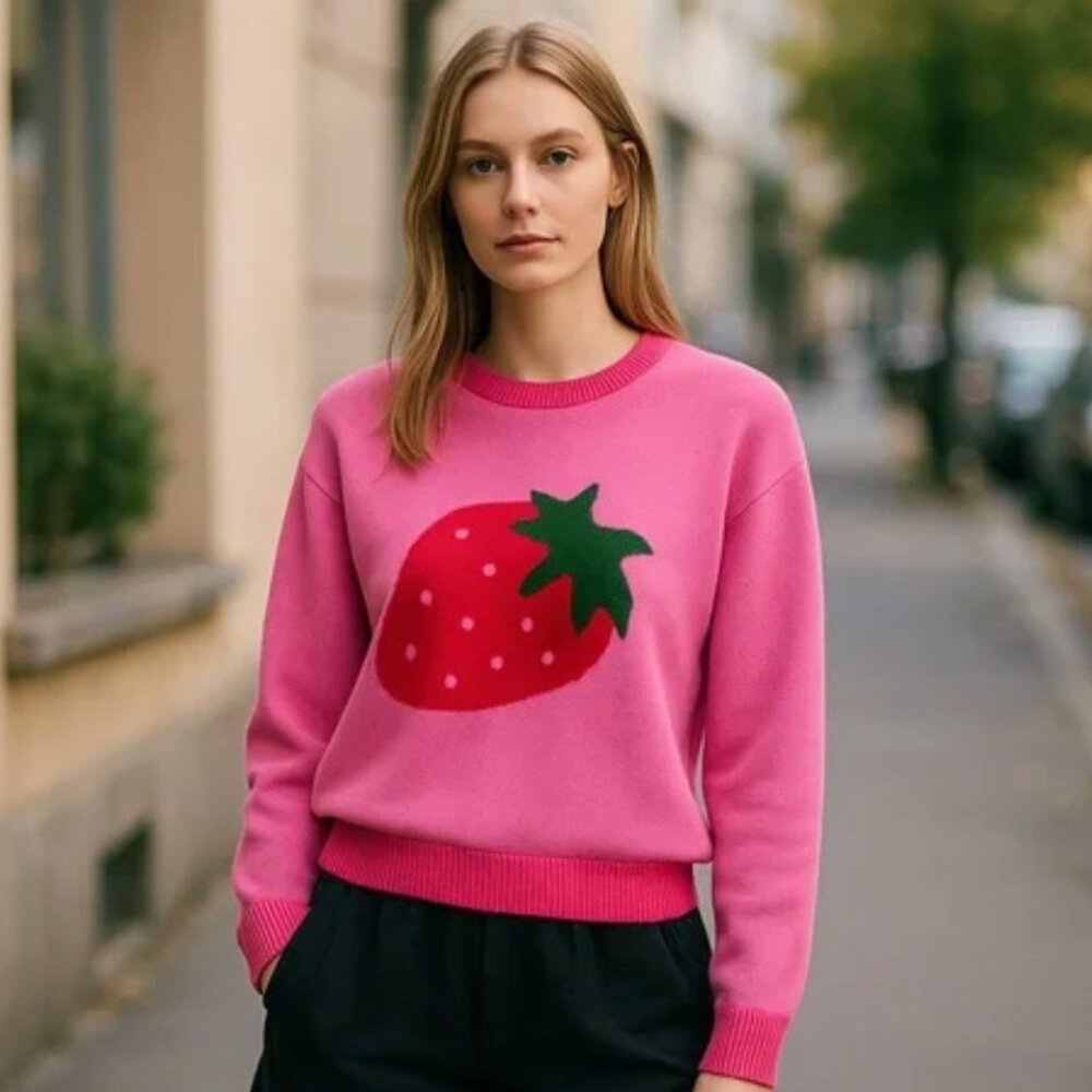 NWT LUNA IVY  Pink Strawberry Knit Sweater | Playful Fruit Graphic Pullover XS